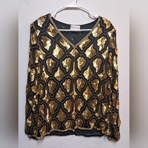 Vintage Silk Gold Sequin Beaded Top Exclusive India Black Evening Blouse Small